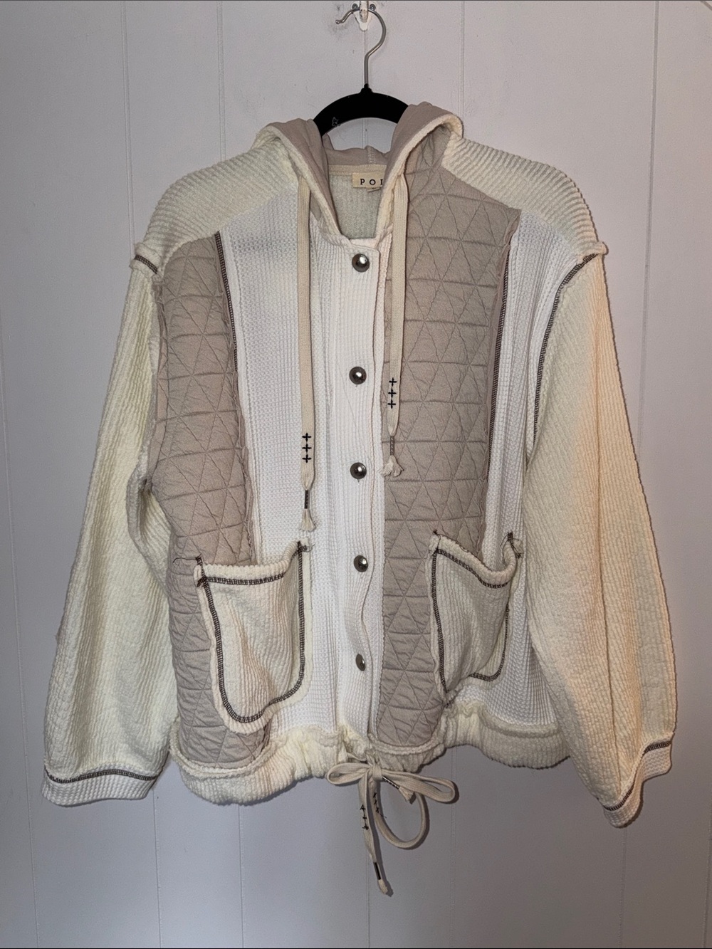 POL Quilted Contrast Hooded Jacket in Cream & Taupe Size L - Picture 2 of 14